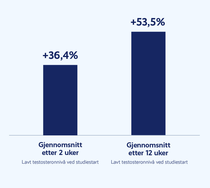 Stolpediagram som viser økning i testosteronnivå. Gjennomsnitt etter 2 uker: +36,4%. Gjennomsnitt etter 12 uker: +53,5%. Gjelder deltagere med lavt testosteronnivå ved studiestart.