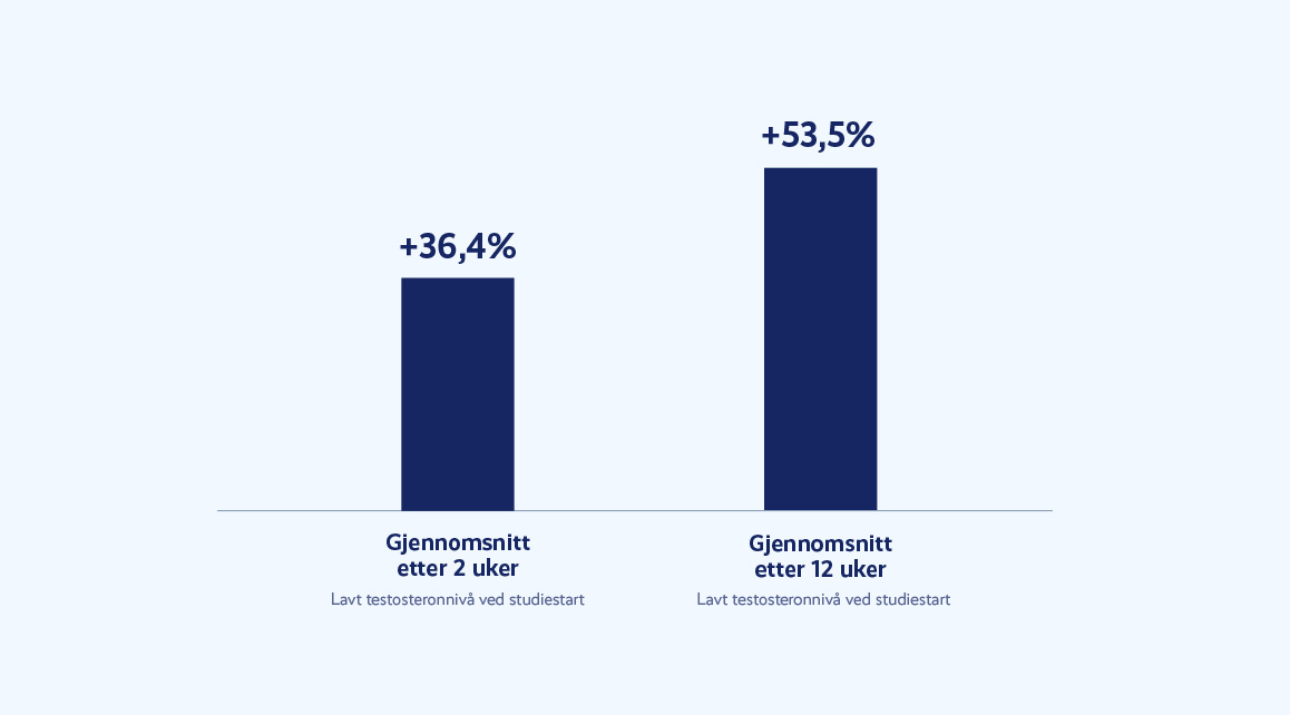 Stolpediagram som viser økning i testosteronnivå. Gjennomsnitt etter 2 uker: +36,4%. Gjennomsnitt etter 12 uker: +53,5%. Gjelder deltagere med lavt testosteronnivå ved studiestart.